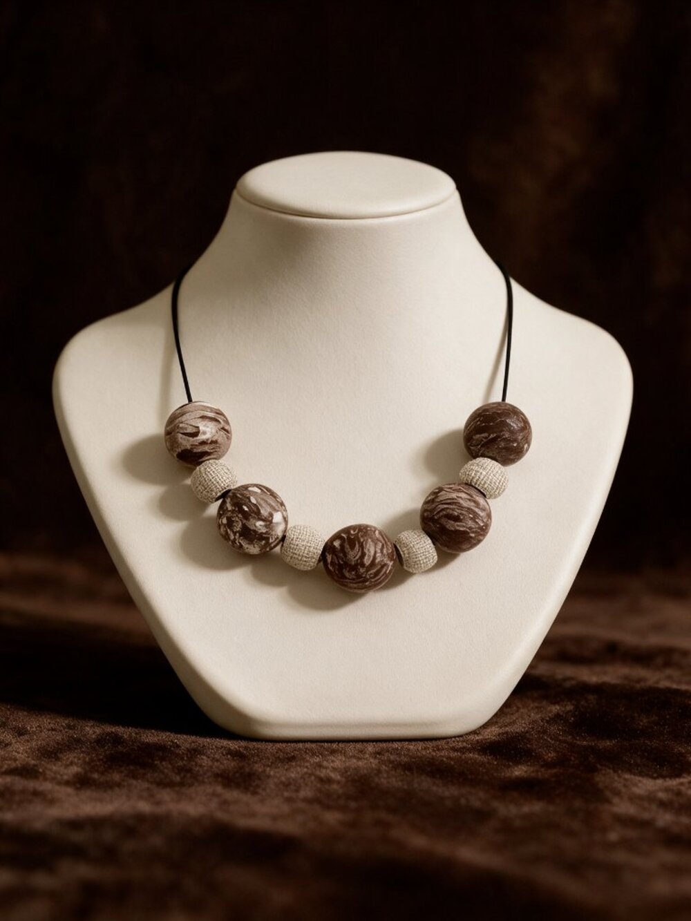 Genuine Marbled Taupe Agate Beaded Necklace – Adjustable